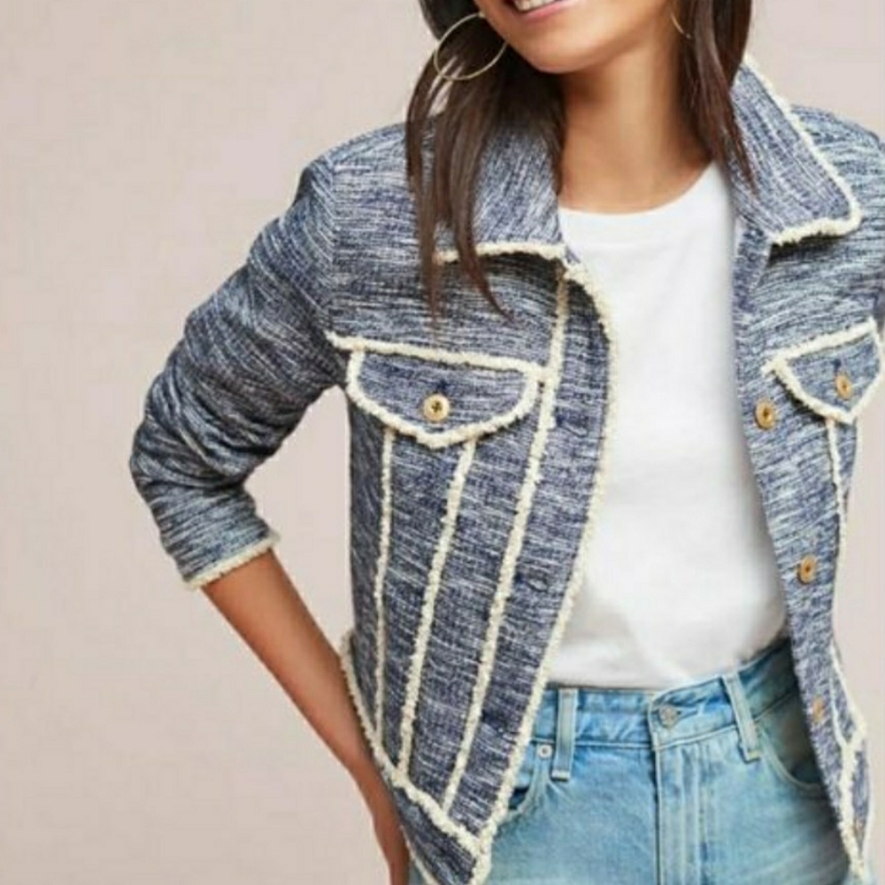 Anthropologie Ett Twa Tweed Jacket Womens Size Xs Blue Cream - Picture 3 of 12